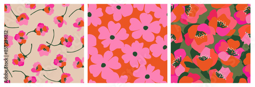 Set of hand drawn flowers, seamless patterns with floral for fabric, textiles, clothing, wrapping paper, cover, banner, interior decor, abstract backgrounds.