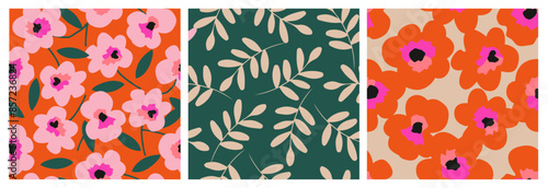 Set of hand drawn flowers, seamless patterns with floral for fabric, textiles, clothing, wrapping paper, cover, banner, interior decor, abstract backgrounds.