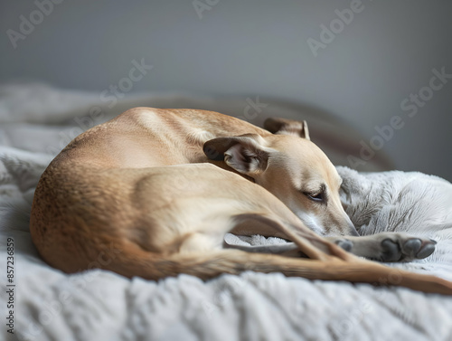 A Whippet curled up on a bed photo