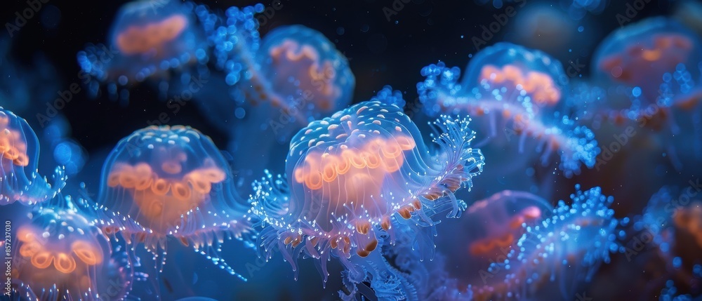 Naklejka premium Bioluminescent creatures glowing in the dark ocean