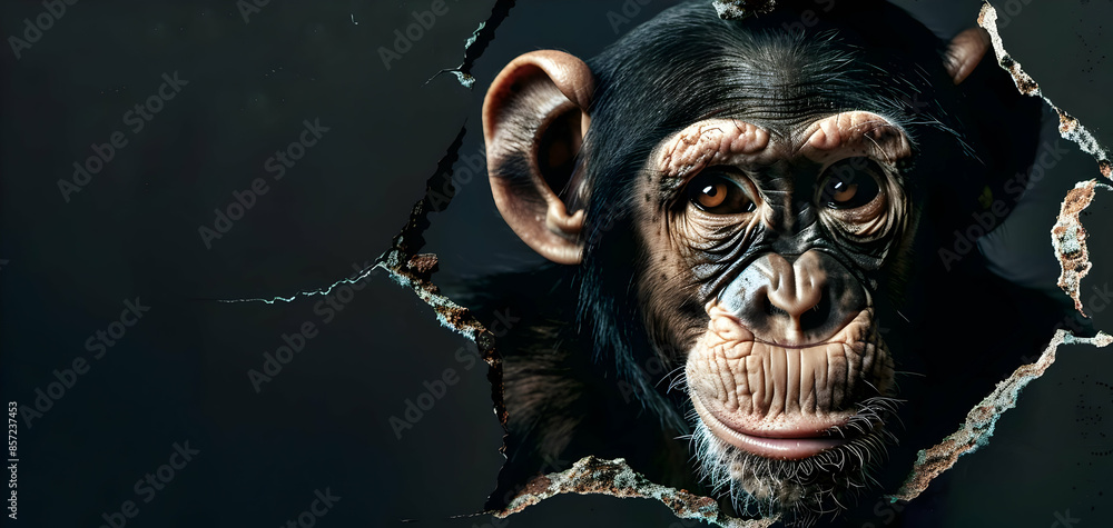 A monkey looking through a torn hole A monkey looking through a torn hole