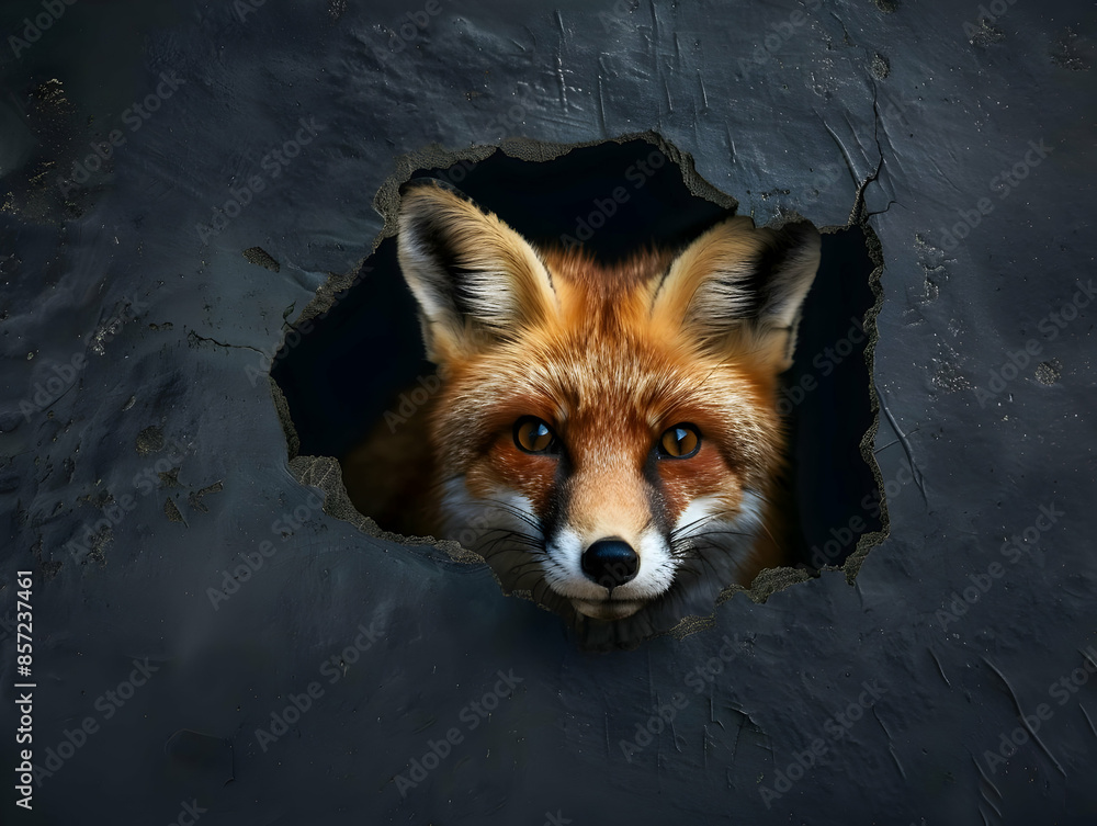 Obraz premium A fox peeking through a torn hole