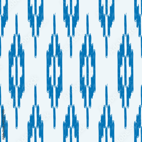 Seamless ikat pattern with blue geometrical elements on white background.