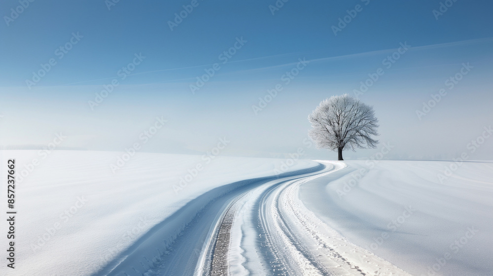 Obraz premium lone tree and snow-covered path under a clear sky