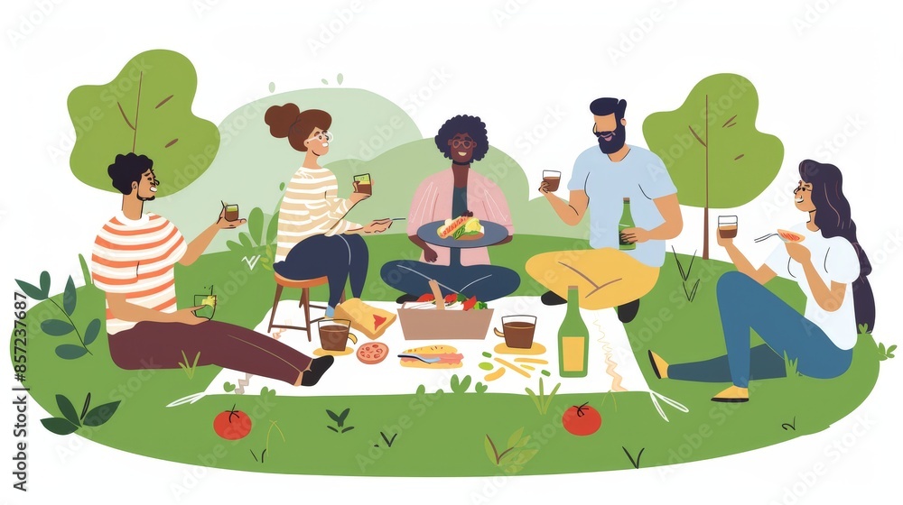Fototapeta premium A group of friends sharing a meal at a picnic in the park