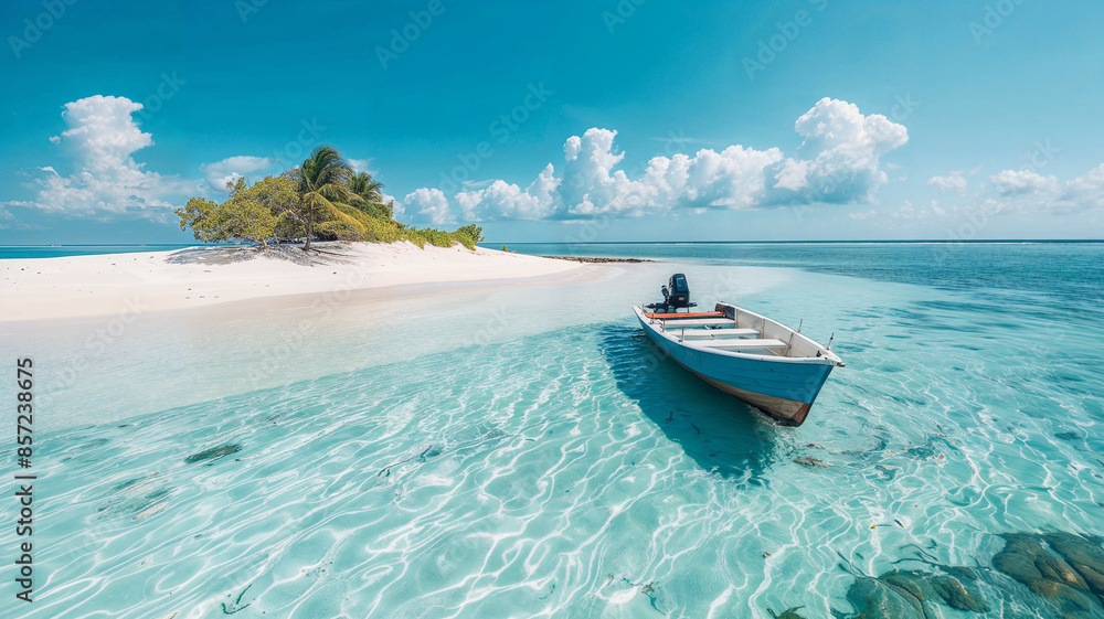 Pristine tropical island with boats on clear blue waters Pristine tropical island with boats on clear blue waters