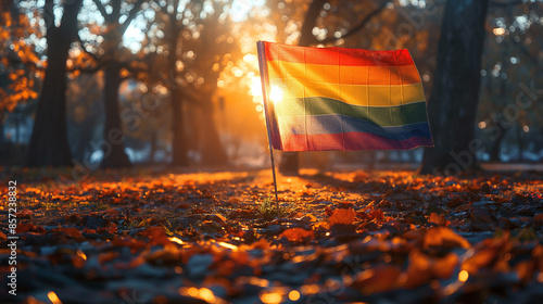 A photo of a pride flag in a park, nature photography, hd, with copy space