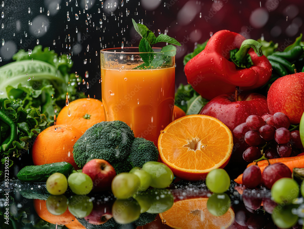 Fresh fruit juice in a glass, surrounded by fruits. beautiful visuals . Balanced diet. Fresh fruit juice in a glass, surrounded by fruits. beautiful visuals . Balanced diet.