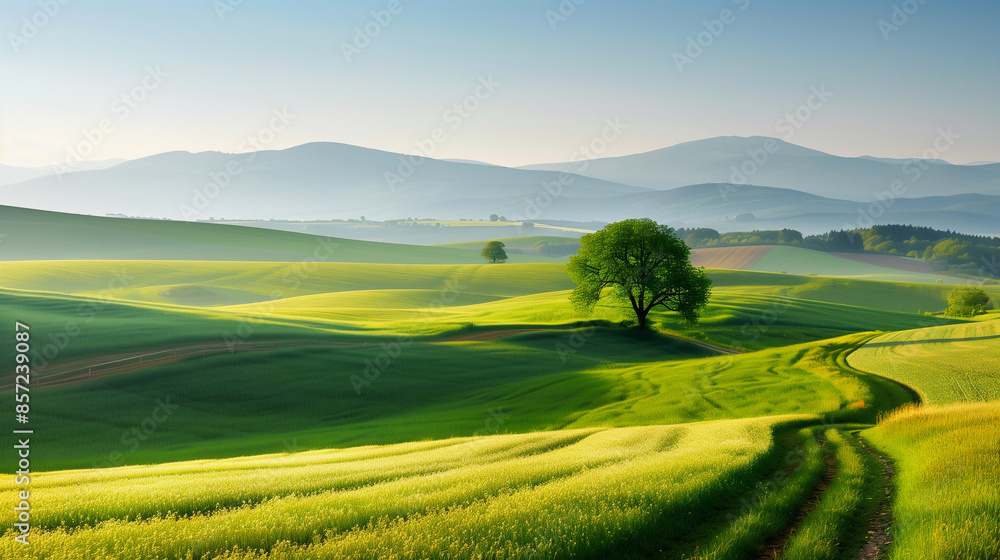Fototapeta premium green hills and winding path under a bright sky