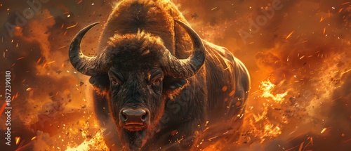 Buffalo roaring with fiery explosions surrounding, showcasing raw power and intense nature © Starkreal