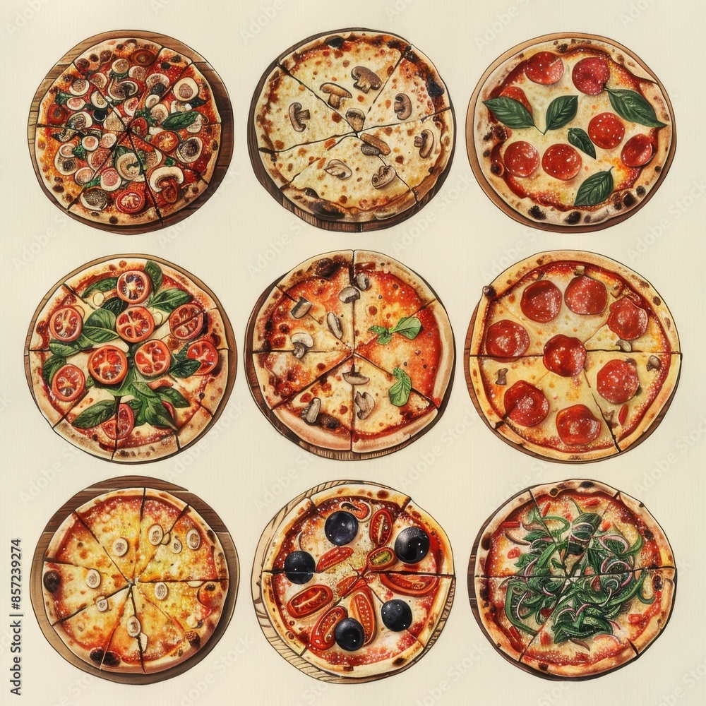 A series of pizza slices with various toppings, including pepperoni, mushrooms A series of pizza slices with various toppings, including pepperoni, mushrooms