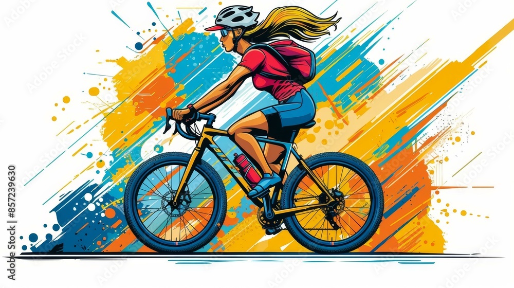 Fototapeta premium Female Cyclist Racing, Action-Packed Design