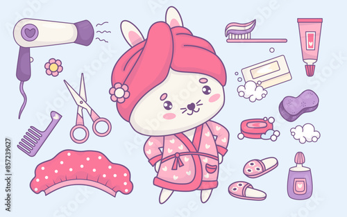 Shower cosmetics set. Cute white rabbit in bathrobe with towel. Hairdryer, soap, cream, shower cap, washcloth and slippers, toothbrush with toothpaste, scissors and comb. Isolated vector elements