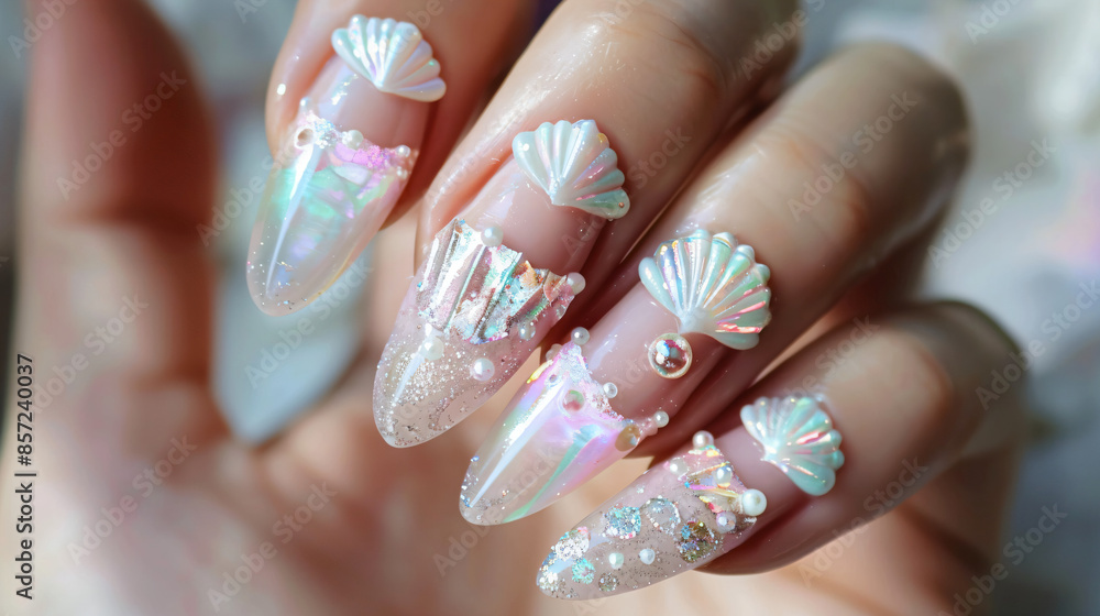 Mermaid Nail Art with Seashell Design. Mermaid Nail Art with Seashell Design.