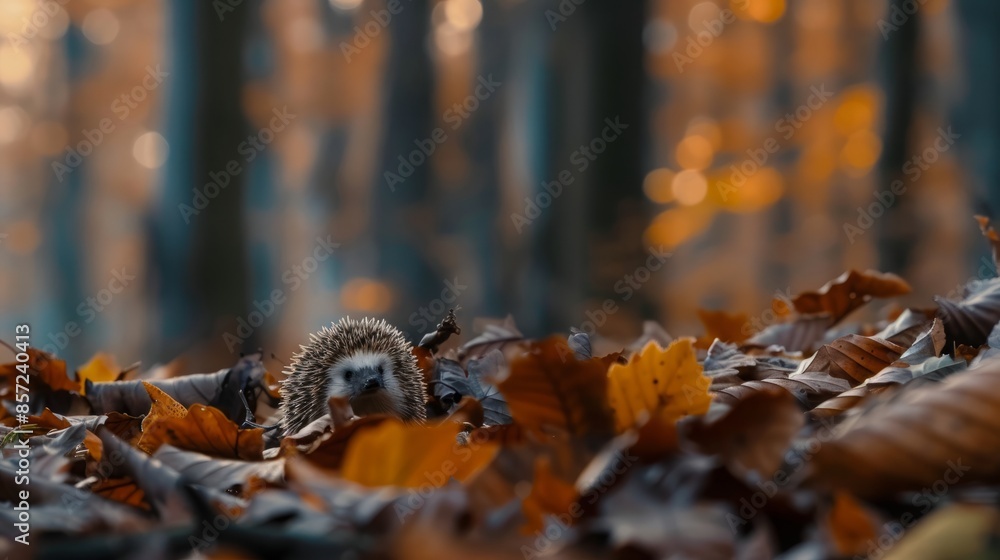 Hedgehog in autumn forest with fallen leaves