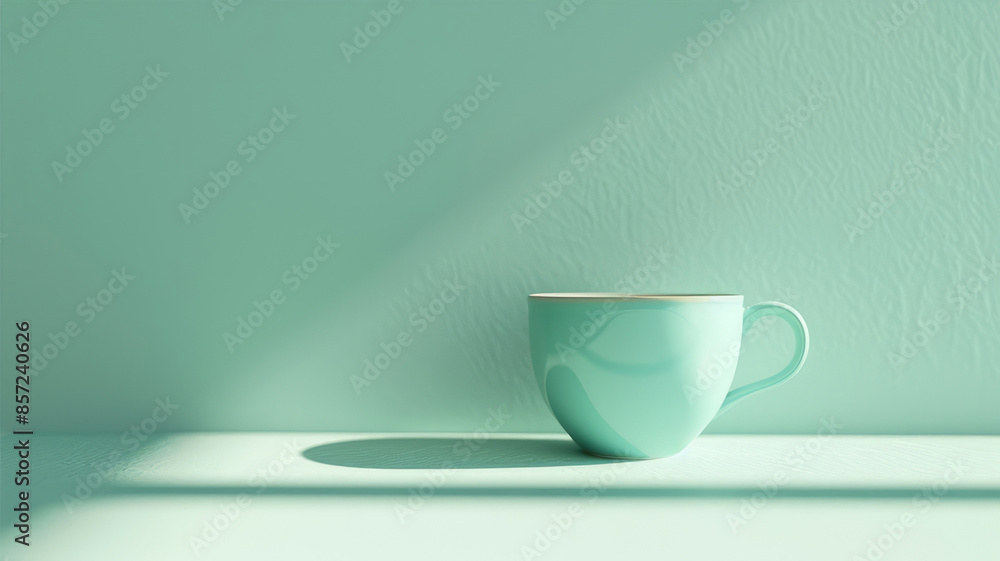 A coffee cup in a mint shade on a tabletop of the same color