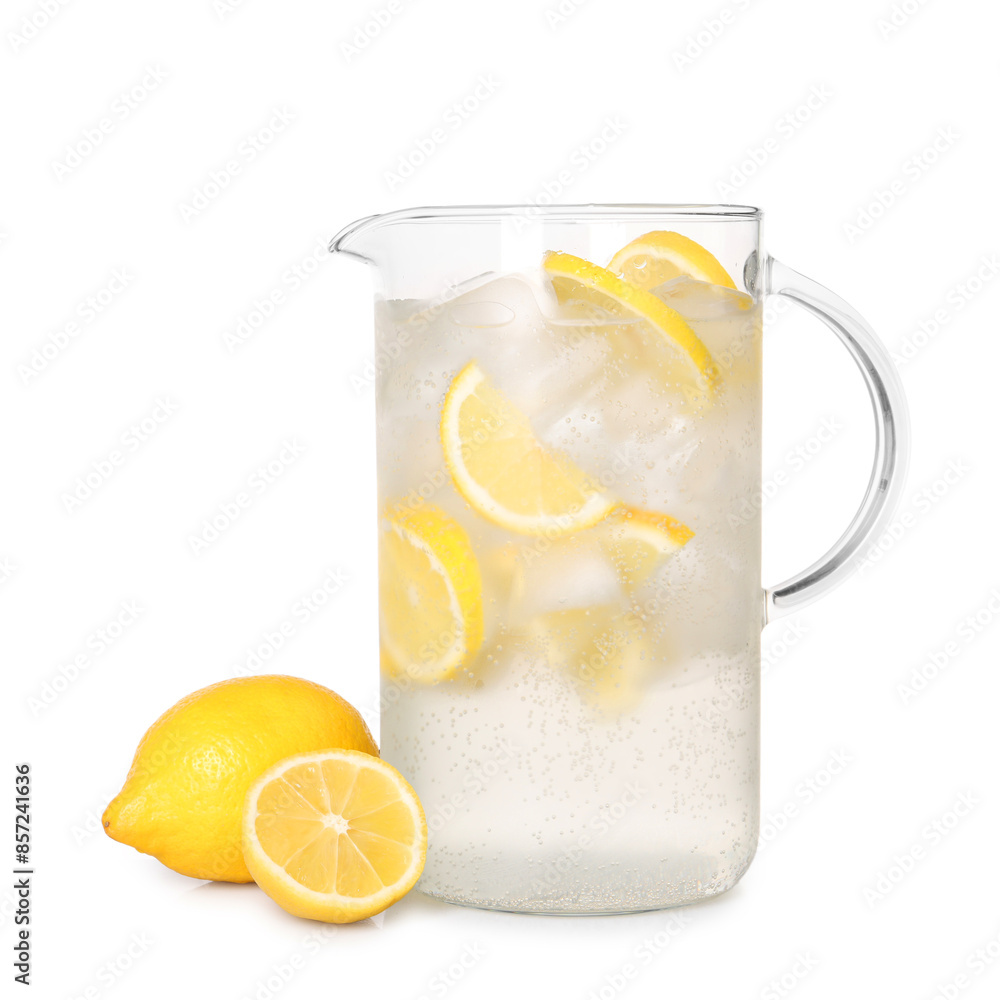 Freshly made lemonade in jug isolated on white Freshly made lemonade in jug isolated on white