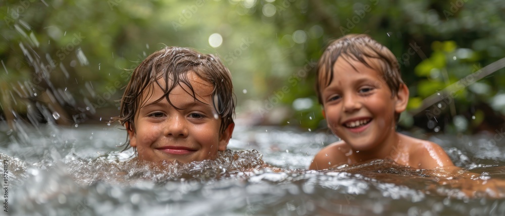 Obraz premium Children swimming in a river, fun and freedom