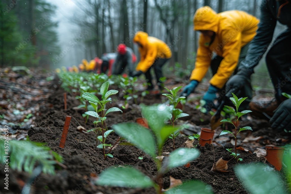 A group of people planting trees in a reforestation effort, with young saplings and gardening tools visible. A group of people planting trees in a reforestation effort, with young saplings and gardening tools visible.