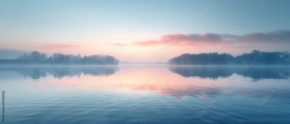 Clear background of a calm lake at dawn, with mist rising and soft pastel colors, perfect for peaceful themes Clear background of a calm lake at dawn, with mist rising and soft pastel colors, perfect for peaceful themes