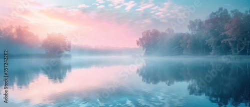 Clear 8K background of a calm lake at dawn, with mist rising and soft pastel colors, perfect for peaceful themes