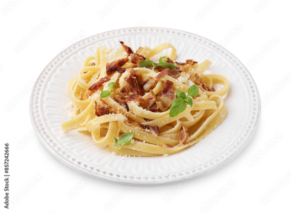 Tasty pasta with bacon and basil isolated on white Tasty pasta with bacon and basil isolated on white