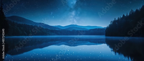 Clear night sky with stars over a tranquil lake