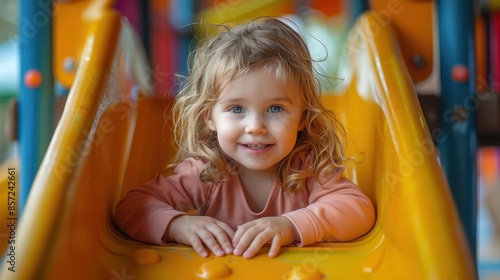 A smiling child with light curly hair in a pink top playing on a bright yellow slide at a vibrant and colorful playground, enjoying their time outdoors. © Pinklife