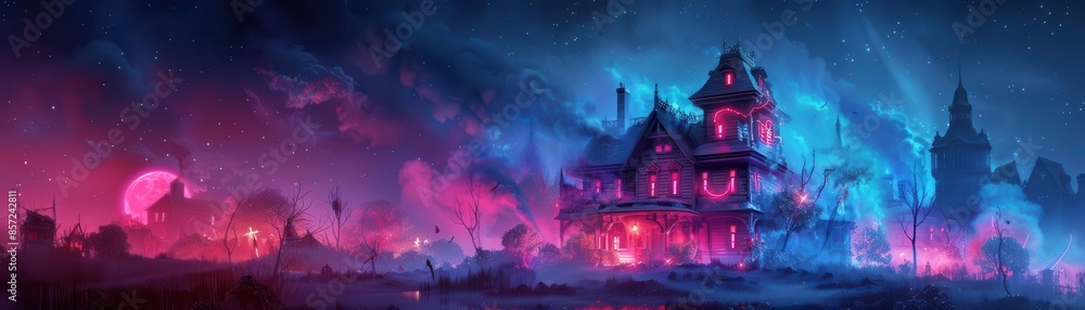 3D illustration of a haunted house with holographic ghosts and neon light effects, modern and spooky 3D illustration of a haunted house with holographic ghosts and neon light effects, modern and spooky