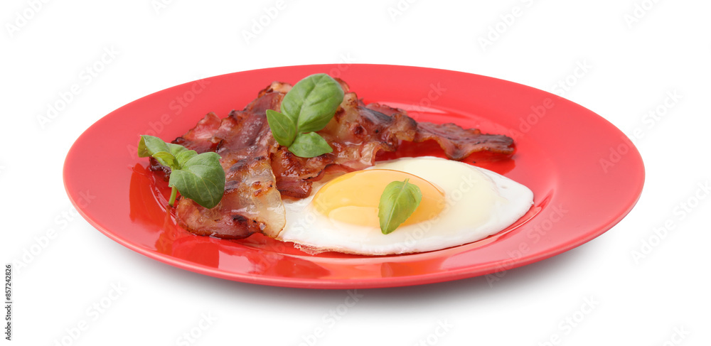 Fried egg, bacon and basil isolated on white Fried egg, bacon and basil isolated on white