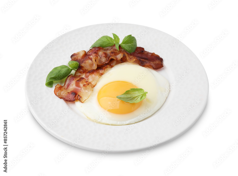 Fried egg, bacon and basil isolated on white Fried egg, bacon and basil isolated on white