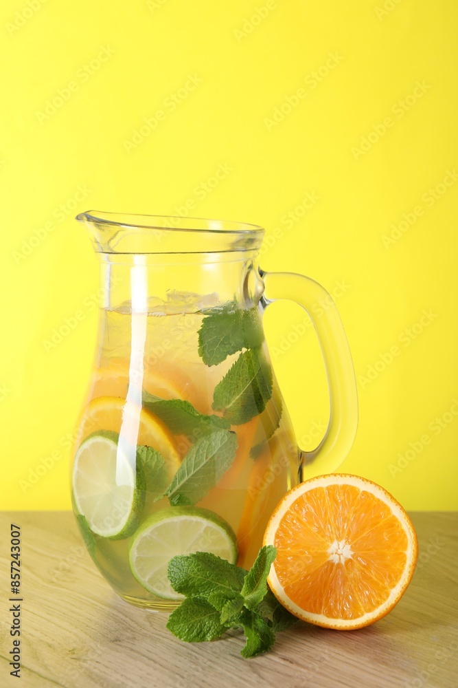 Freshly made lemonade with mint in jug on wooden table against yellow background Freshly made lemonade with mint in jug on wooden table against yellow background