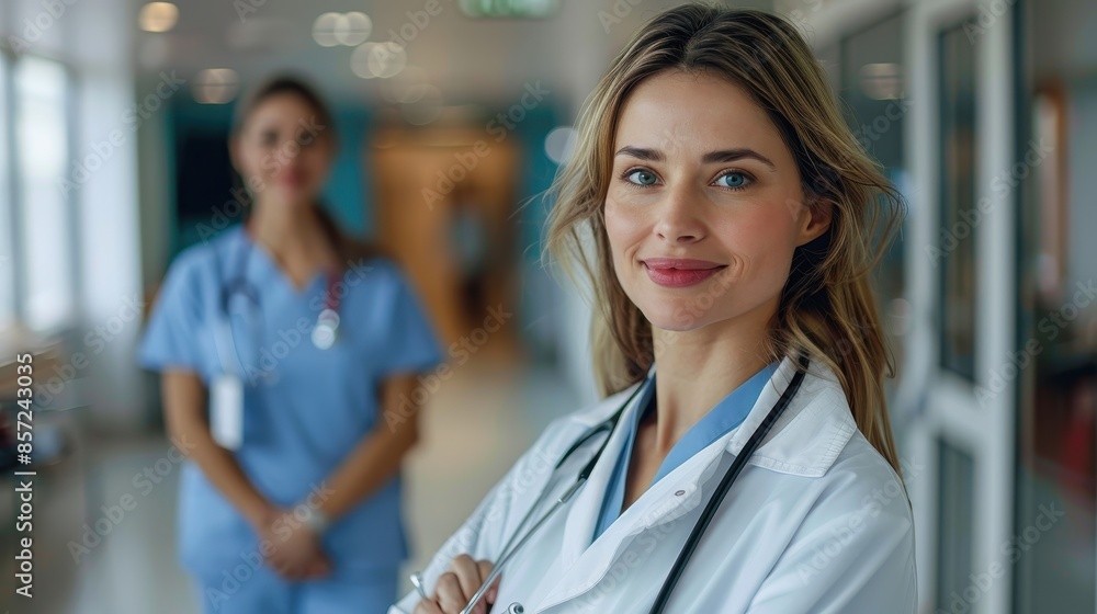 A female doctor wearing a lab coat confidently smiles in a hospital corridor, demonstrating trust and authority, with a blurred nurse in the background. A female doctor wearing a lab coat confidently smiles in a hospital corridor, demonstrating trust and authority, with a blurred nurse in the background.