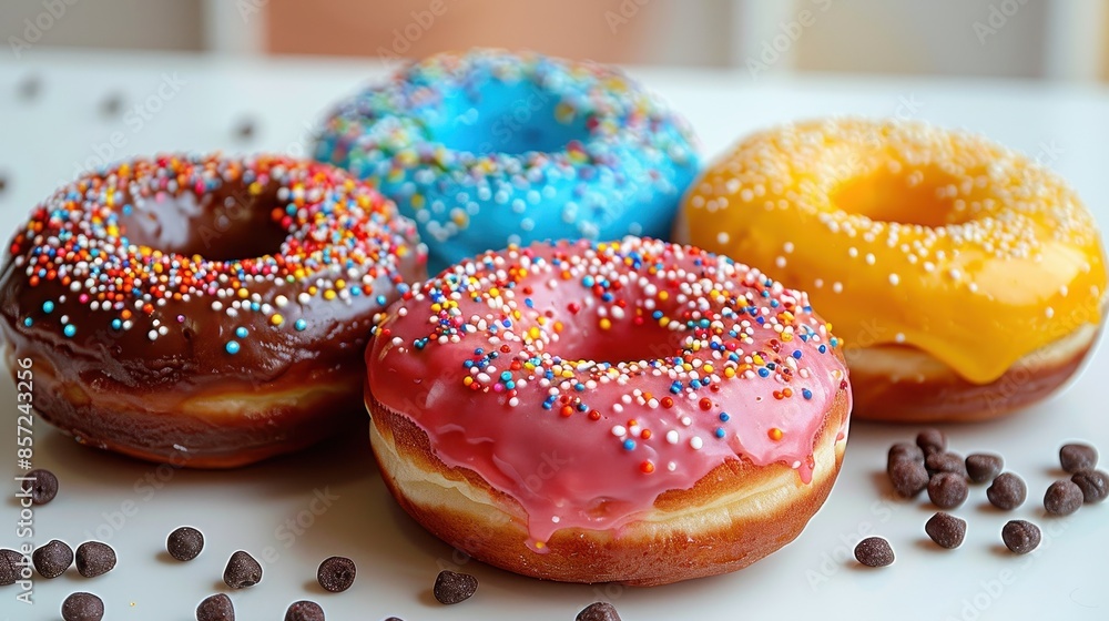 Four delectable donuts with vivid icing and an array of sprinkles sit on a pristine white table, offering a mouth-watering presentation of bakery delights. Four delectable donuts with vivid icing and an array of sprinkles sit on a pristine white table, offering a mouth-watering presentation of bakery delights.