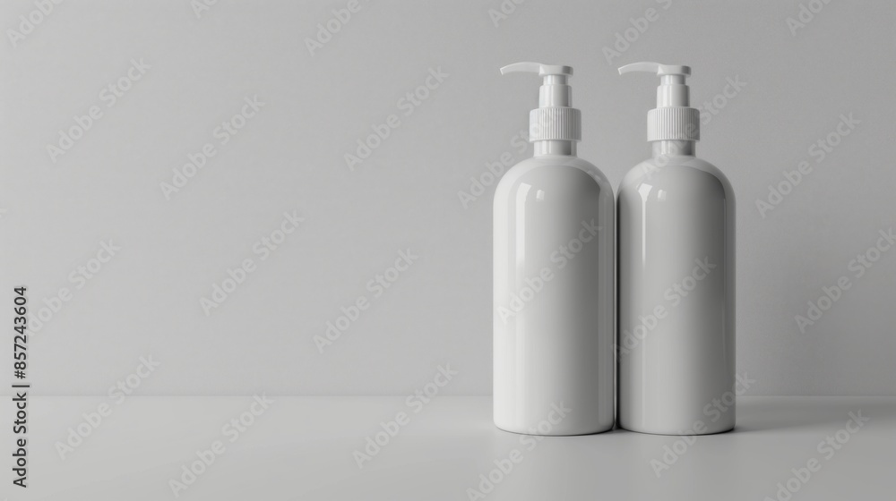 White blank bottles for shampoo and body wash on a gray background, a mockup template. White blank bottles for shampoo and body wash on a gray background, a mockup template.