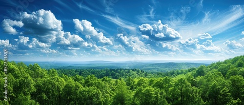Fototapeta Naklejka Na Ścianę i Meble -  Clear sky with a few fluffy white clouds over a rolling green meadow, perfect for a peaceful and idyllic countryside scene, Photography, taken with a 35mm lens,