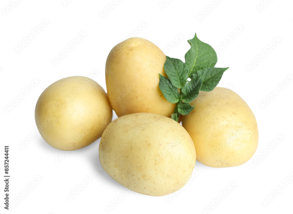 Fresh raw potatoes and green leaves isolated on white Fresh raw potatoes and green leaves isolated on white