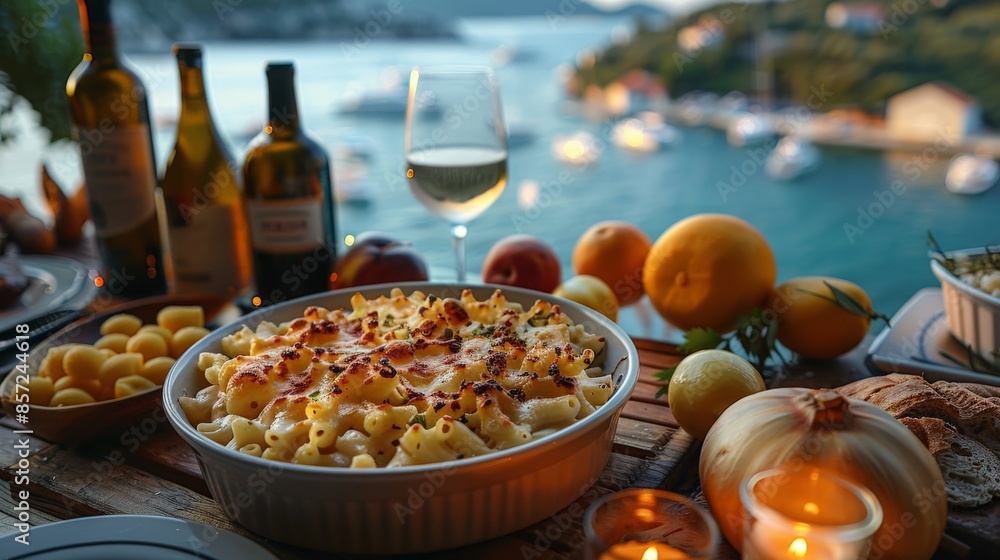 A wooden table laden with diverse fruits and veggies, alongside a bowl brimming with mac and cheese. A wooden table laden with diverse fruits and veggies, alongside a bowl brimming with mac and cheese.