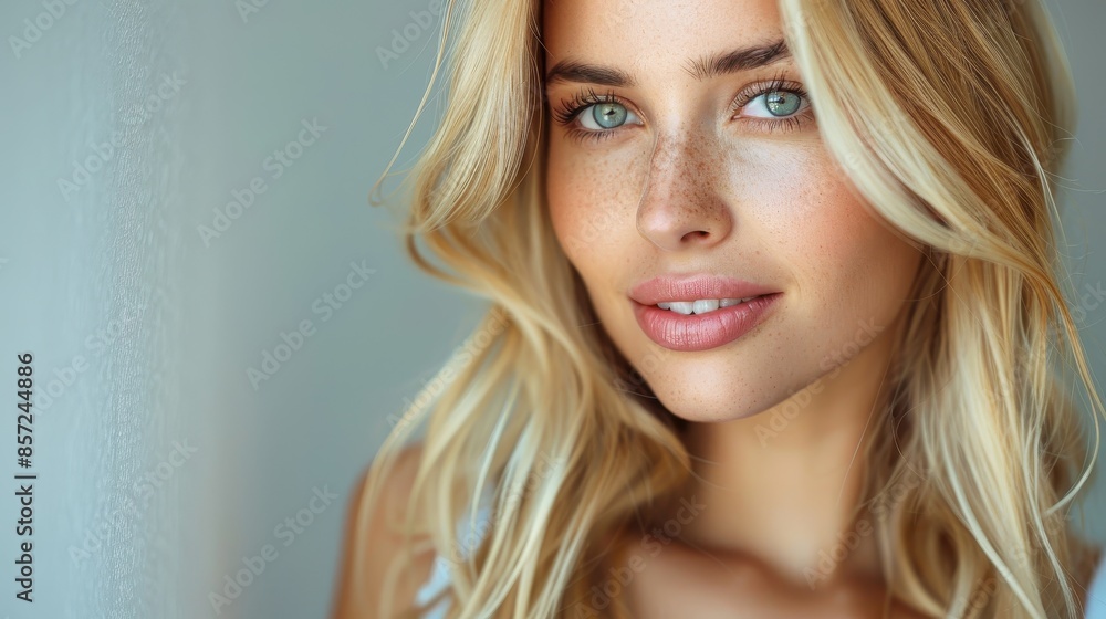 A blonde woman with striking blue eyes stands in a bright and airy setting. Her clear skin and gentle smile are beautifully highlighted by the soft natural light. A blonde woman with striking blue eyes stands in a bright and airy setting. Her clear skin and gentle smile are beautifully highlighted by the soft natural light.
