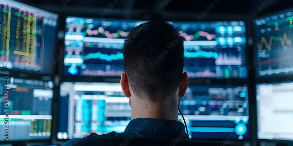 A male technical controller monitors multiple displays at a system control center. Concept Surveillance Systems, Security Monitoring, Control Room Operations, Technology Management, Data Analysis