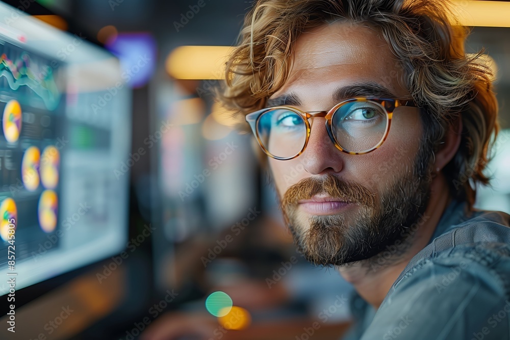 Man With Beard and Glasses Working on Computer in Office Man With Beard and Glasses Working on Computer in Office