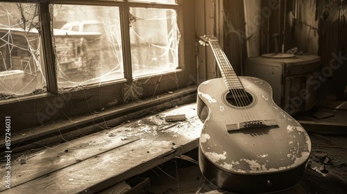Old guitar in a dusty attic, soft sunlight through window, cobwebs and antiques, medium shot, sepia tone, nostalgic charm