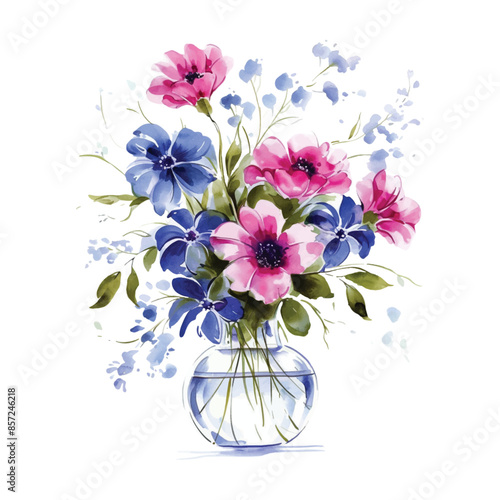 Watercolor Blue and Pink flowers in a vase. Vector.