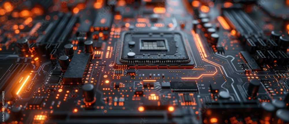 Close-up of a high-tech computer motherboard with circuits Close-up of a high-tech computer motherboard with circuits