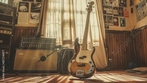 Antique bass guitar in a 1970s rock band practice room, faded posters, sunlight through curtains, wideangle shot, classic ambiance