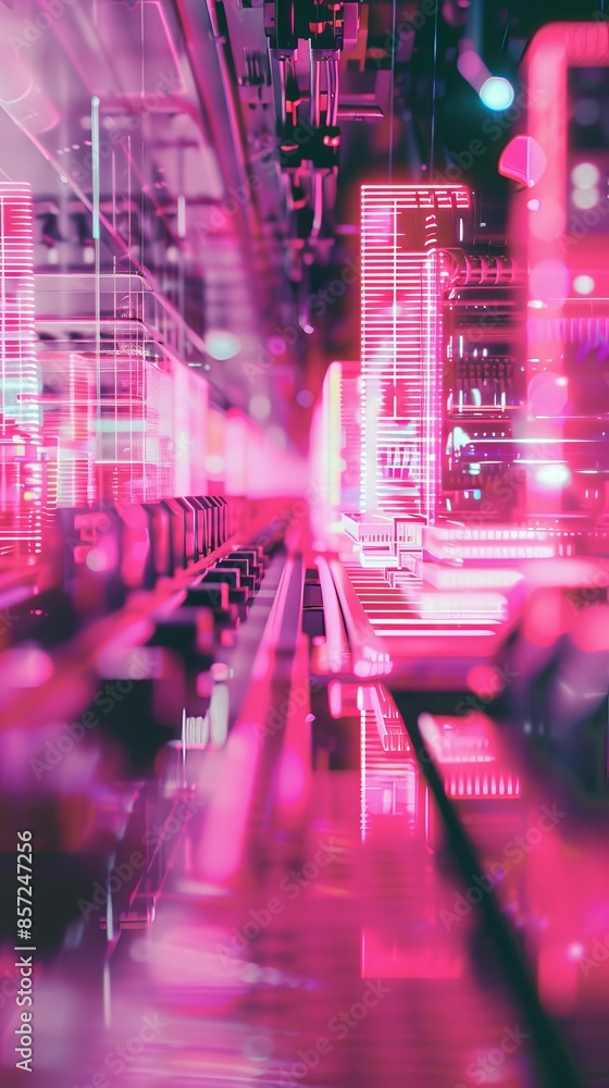 Fototapeta premium Automated customs inspection with holographic data, Soft pink neon, Futuristic, Sharp focus, Digital art