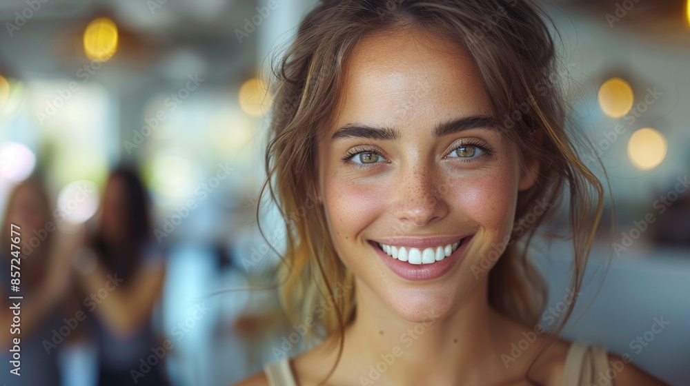 Close-up portrait of a smiling young woman with green eyes and freckles, captured in a brightly lit indoor setting with blurred background. Close-up portrait of a smiling young woman with green eyes and freckles, captured in a brightly lit indoor setting with blurred background.