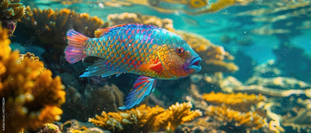 Close-up of a parrotfish grazing on coral, vibrant colors and textures, clear water, detailed capture, serene and peaceful scene, -high definition Close-up of a parrotfish grazing on coral, vibrant colors and textures, clear water, detailed capture, serene and peaceful scene, -high definition