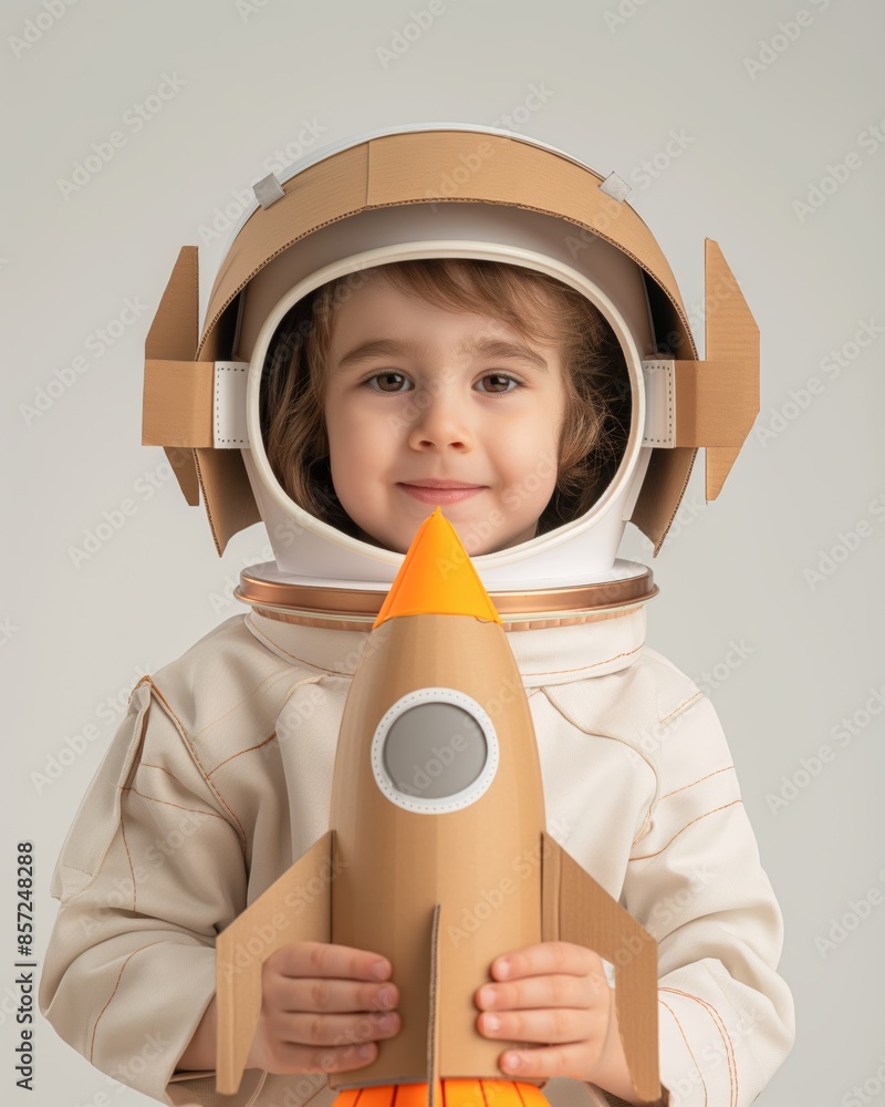 Adorable child in a cardboard astronaut suit holding a rocket toy, ready for space adventures and imaginative play. Adorable child in a cardboard astronaut suit holding a rocket toy, ready for space adventures and imaginative play.