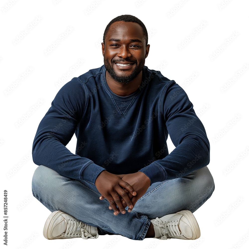 Front view full body shot of an handsome black man in a navy blue sweatshirt and light wash jeans with white sneakers sitting on the floor smiling and isolated on a white transparent background Front view full body shot of an handsome black man in a navy blue sweatshirt and light wash jeans with white sneakers sitting on the floor smiling and isolated on a white transparent background